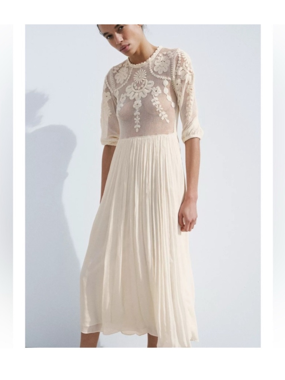 Zara White Long Sleeve Lace Maxi Dress